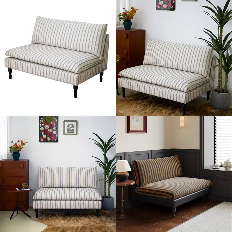 French Striped Antique Recliner Solid Wood Living Room Sofa Chair Retro Modern Simple Backrest Furniture