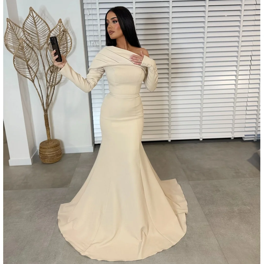 

Elegant Satin Trumpet Evening Dresses Long Sleeves Mermaid Prom Dress Off Shoulder Pleat Party Gown Gala Vestidos Customized