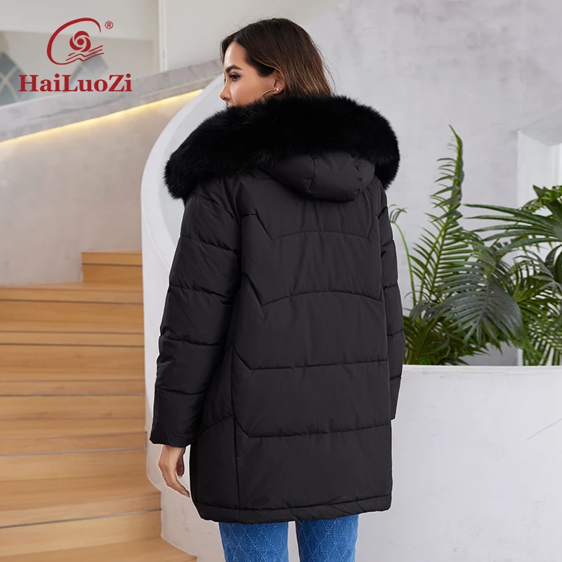 HaiLuoZi 2023 New Winter Down Jacket Warm Hood with Detached Fur Short Female Outwear Elegent Solid Color Thick Coats Women 1158