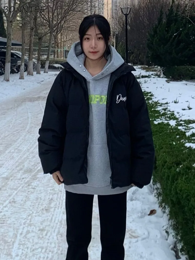 

Свободные парки женские черные зимние с принтом универсальные теплые уличные молодые студенты корейская мода Harajuku ветрозащитные модные пальто