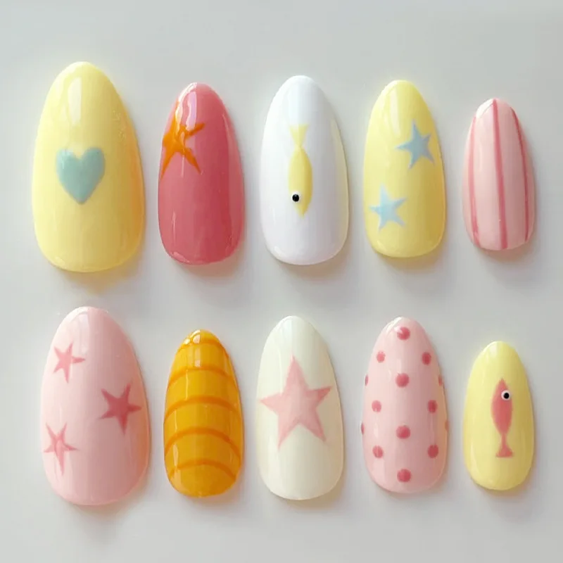 24Pcs Colorful Stripe Fake Nails with Almond Head Mid-length Press on Nails Star Fish Heart Design Reusable Finger Nail Tip Art