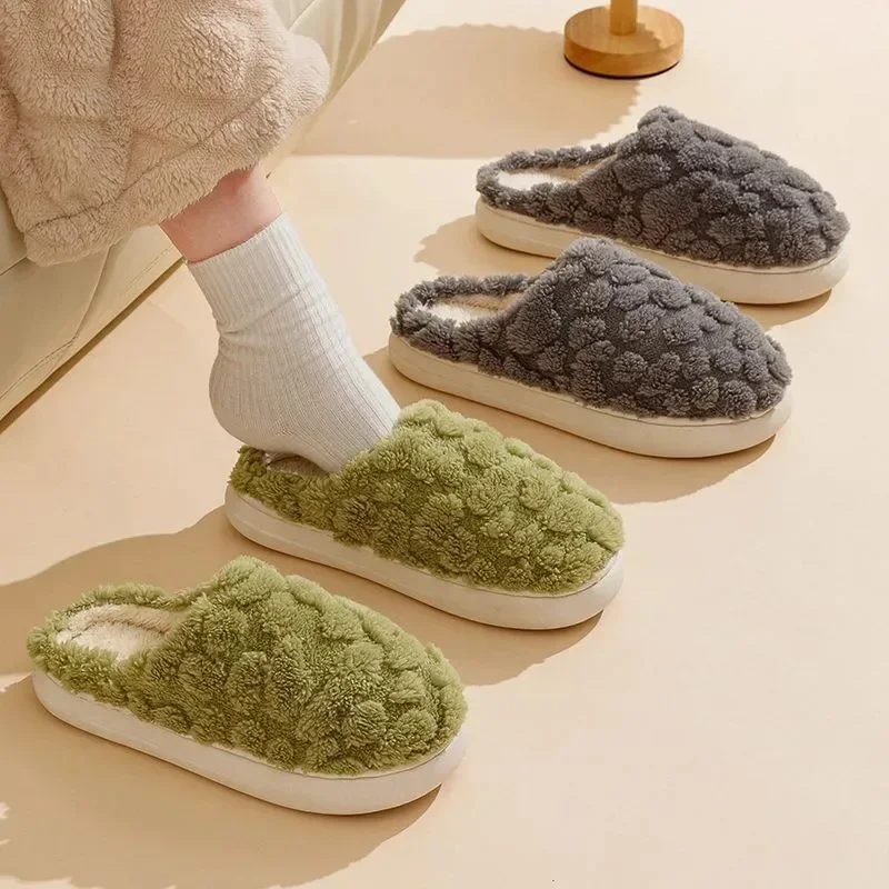 Men Women Winter Fluffy Home Slippers Thick Plush Lining Warm Cozy Non Slip Sole Soft Lightweight Indoor Couple Daily Footwear