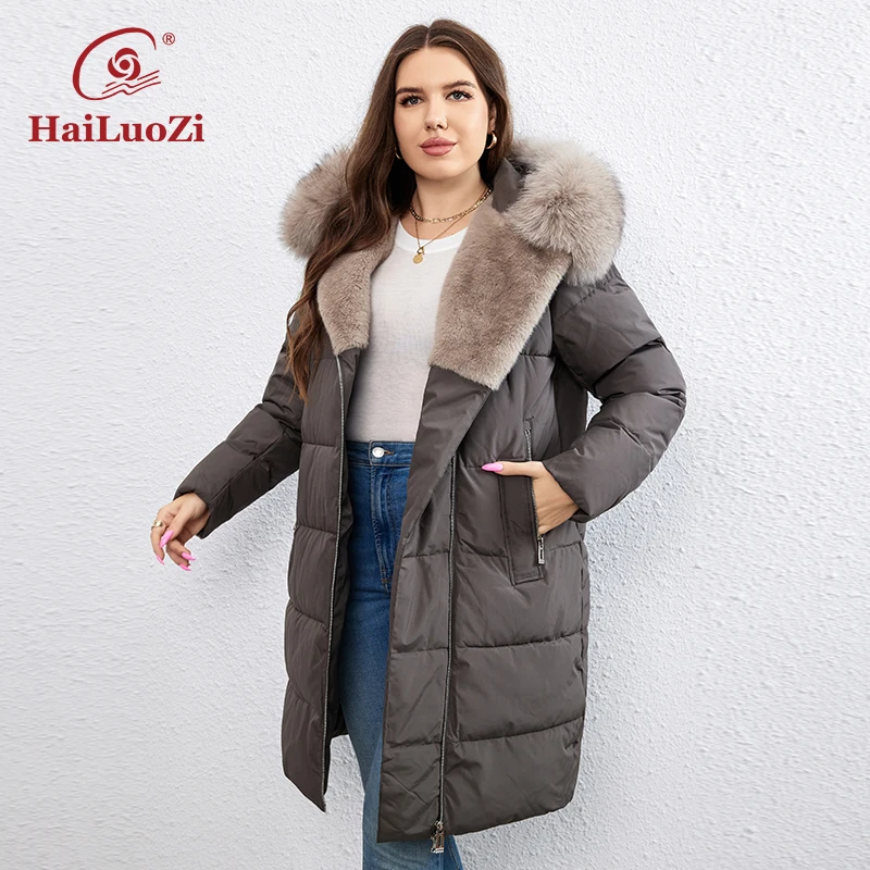 HaiLuoZi 2023 New Plus Size Winter Down Jacket for Women Long Cotton With Fur Belt Lapel Coat Elegent Zipper Female Outwear 1171