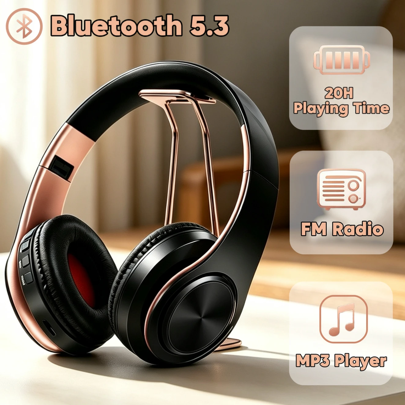 Słuchawki bezprzewodowe Bluetooth stereo AYVVPII z FM i obsługą kart SD, z mikrofonem, do telefonów komórkowych iPhone, Samsung, tabletów i odtwarzaczy MP3.
