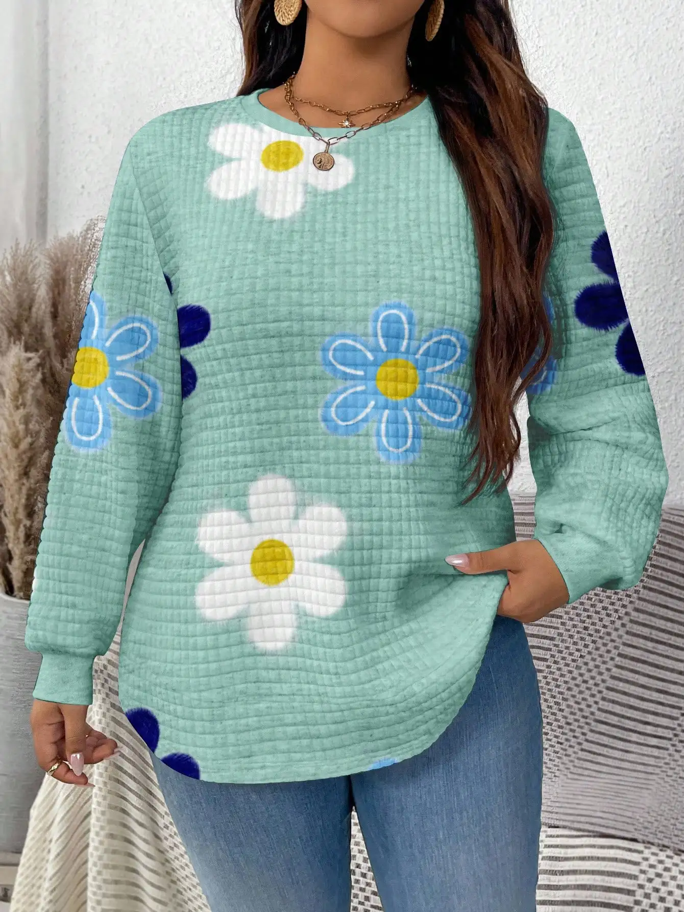

Women's Waffle Knit Floral Print Long Sleeve Loose Sweatshirt, Daisy Pattern Crew Neck Top for Fall Winter
