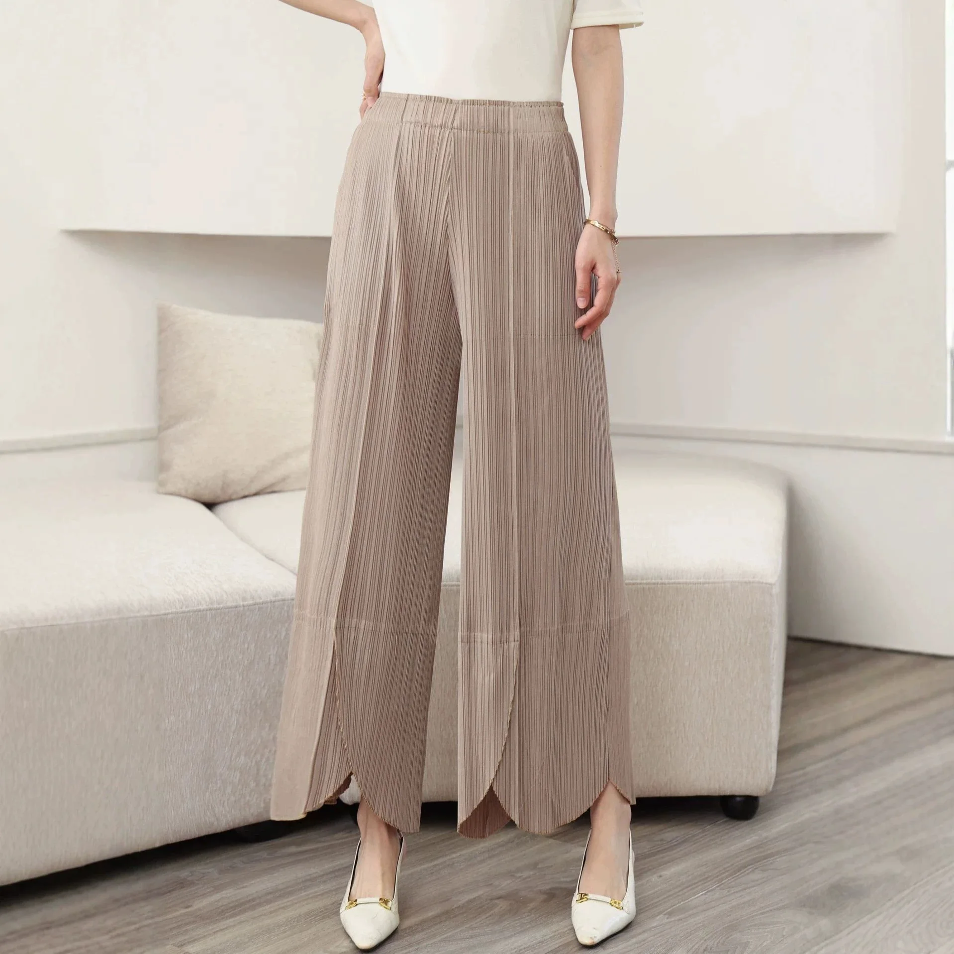 Miyake Pleated Comfortable Wide-leg Pants for Women, Loose High-waist Drape, Versatile Simple Large Size Straight Casual Pants