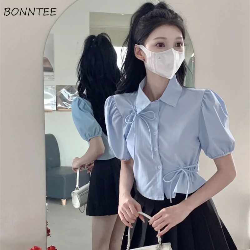 Lace-up Shirts Women Preppy Style Sweet Girlish Chic Crop Tops Solid Daily Summer Short-sleeve Lapel All-match Aesthetic Fashion