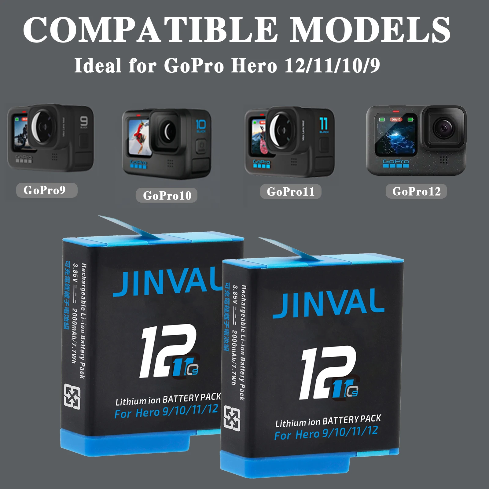 JINVAL 2000mAh Battery For Gopro Hero 12 + Fast Charging 8-slot Charger For go pro 9 10 11 12  Action Camera Batteries