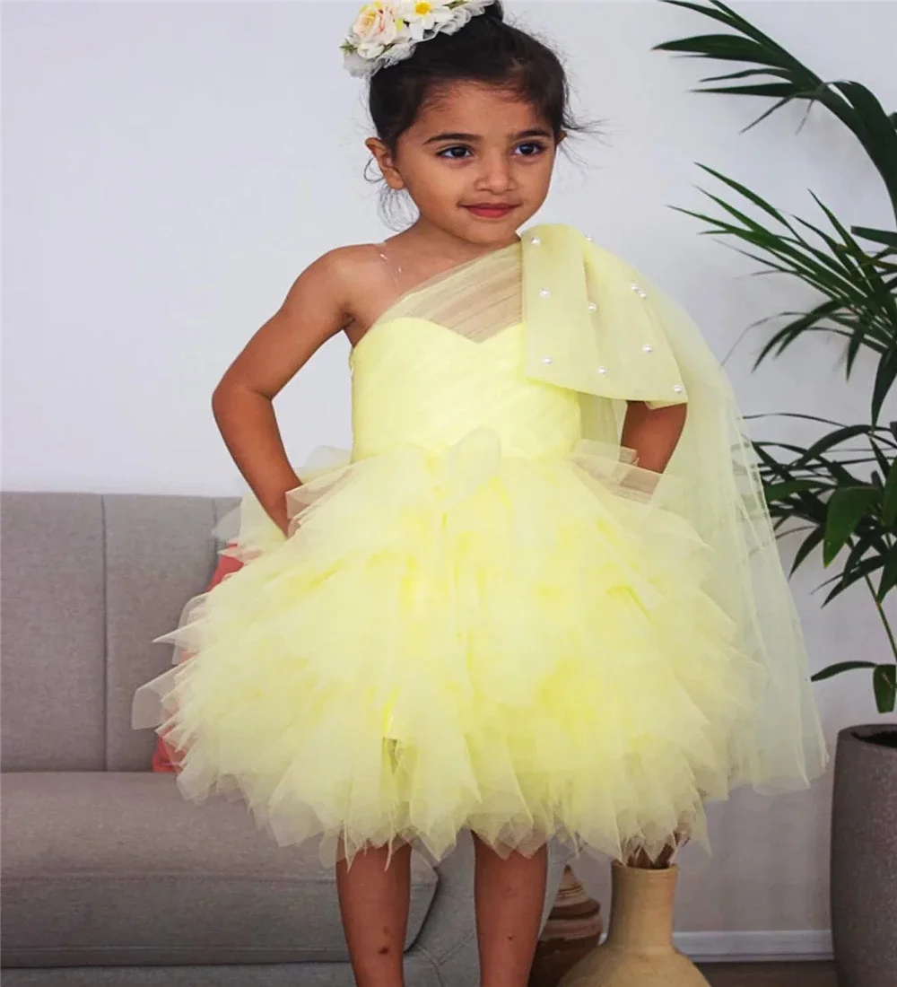 Lovely Baby Girls Flower Girl Dress White Pearls Ball Gown Tulle Tiers Vintage Kids Birthday Tutu First Communion Dresses