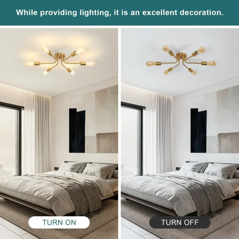 تركيبات إضاءة السقف الصناعية لمنتصف القرن، ثريا سبوتنيك ذهبية مكونة من 6 أضواء لغرفة الطعام والمطبخ Liv