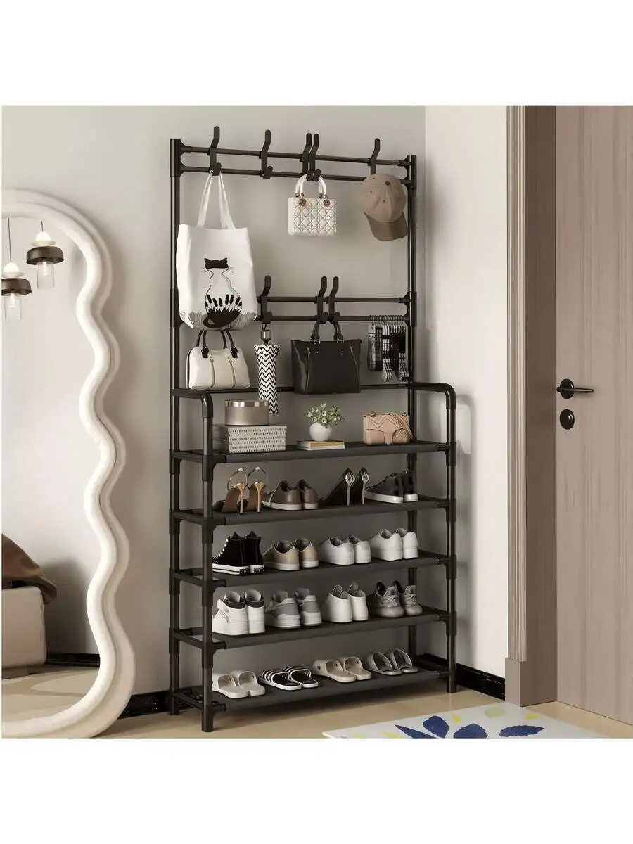 5-Tier Multi-Function Metal Coat Rack With 8 Double Hooks & Freestanding Shoe Rack, Space-Saving Organizer For Entryway/Living Room/Hallway – Great For New Year & Winter Home Use