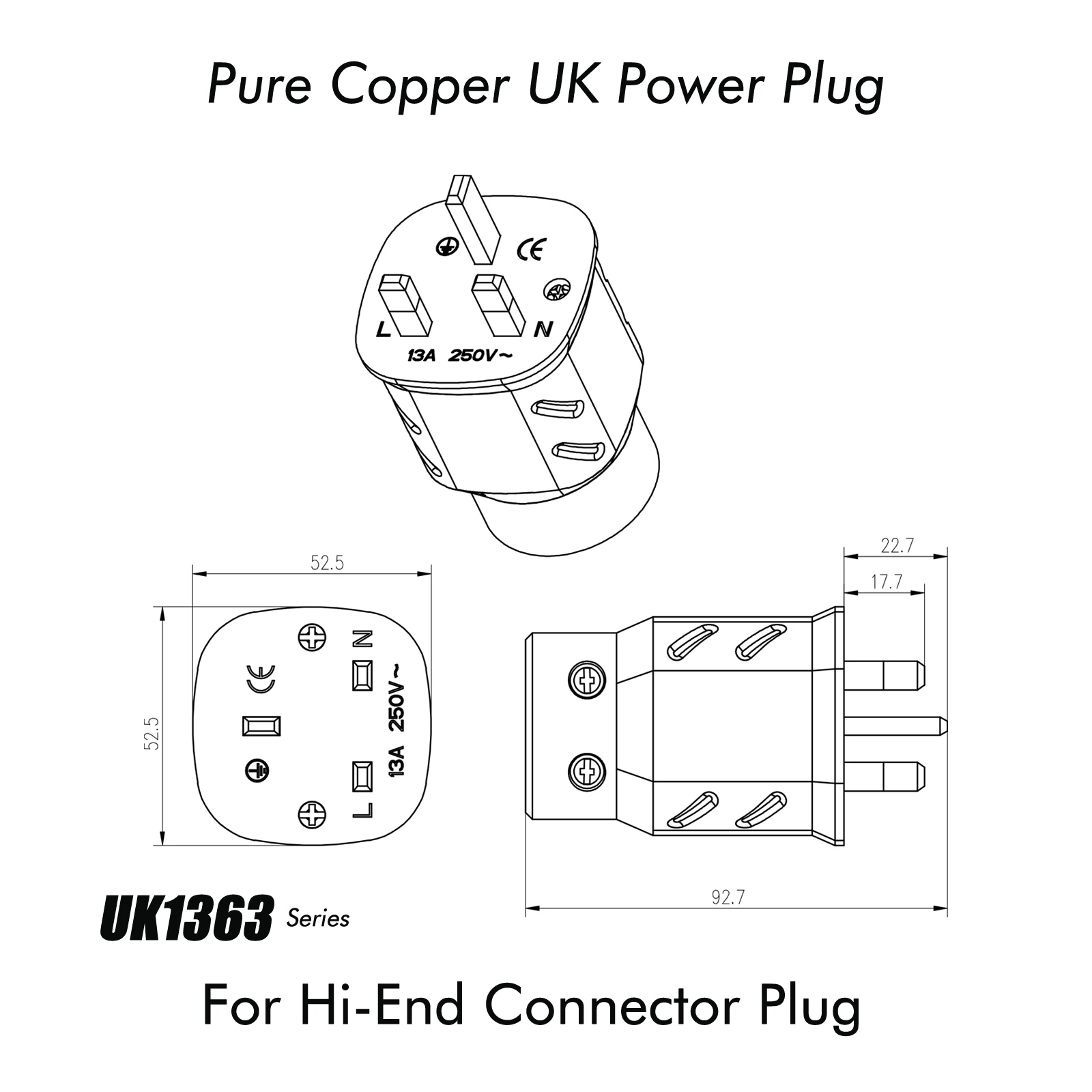 Monosaudio pure copper UK Power Plug 13A UK Ireland UK1363 Gold/Rhodium Plated Connector for Audio DIY Mains Power Cable