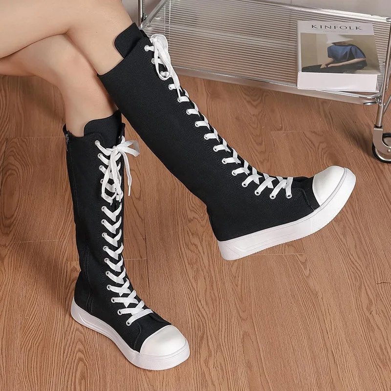 

Women High Top Casual Canvas Shoes Spring Autumn New Plus Size Knee-High Boots Lace-up Side Zipper Ladies Comfort Flats 36-43