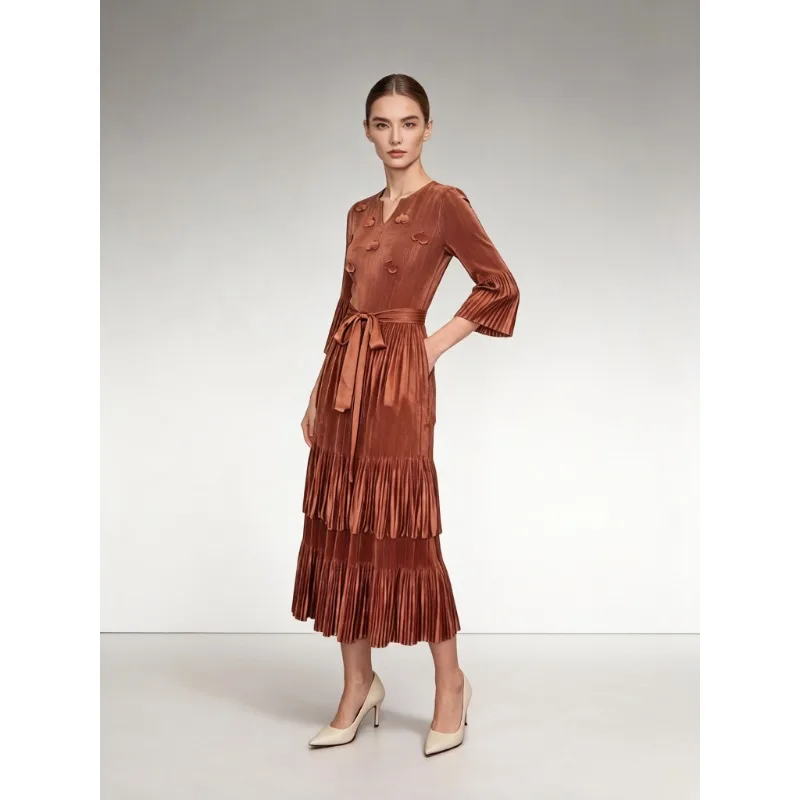 

Плиссированное платье Miyake Plisse 2026: Новинка лета, однотонное, с уникальным дизайном, свободное, элегантное, с бантом, стройнящее, средней длины