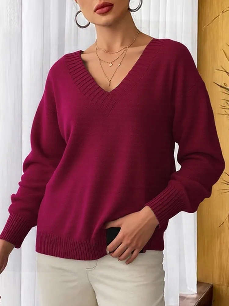 

New Long Sleeve Plus Size Pullovers Knitted Sweater Women Casual Loose Red Sweaters V Neck Autumn Winter Clothes Bottoming Tops