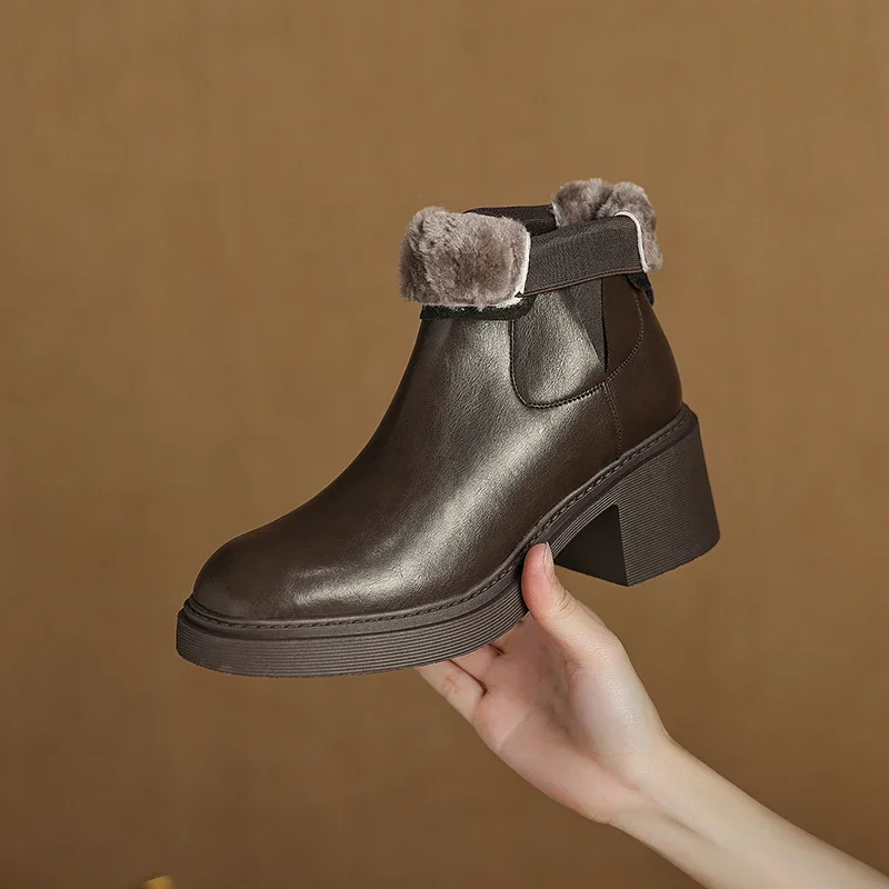 

2026 new autumn winter women ankle boots natural leather 22-25cm split leather+wool round toe thick heel chelsea boots