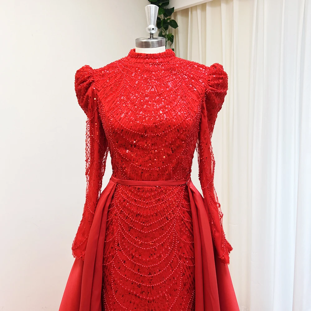 فستان سهرة أنيق لؤلؤ إسلامي للنساء مع ذيل قابل للانفصال 2025 بأكمام طويلة فستان رسمي لحفلات الزفاف حسب الطلب #5