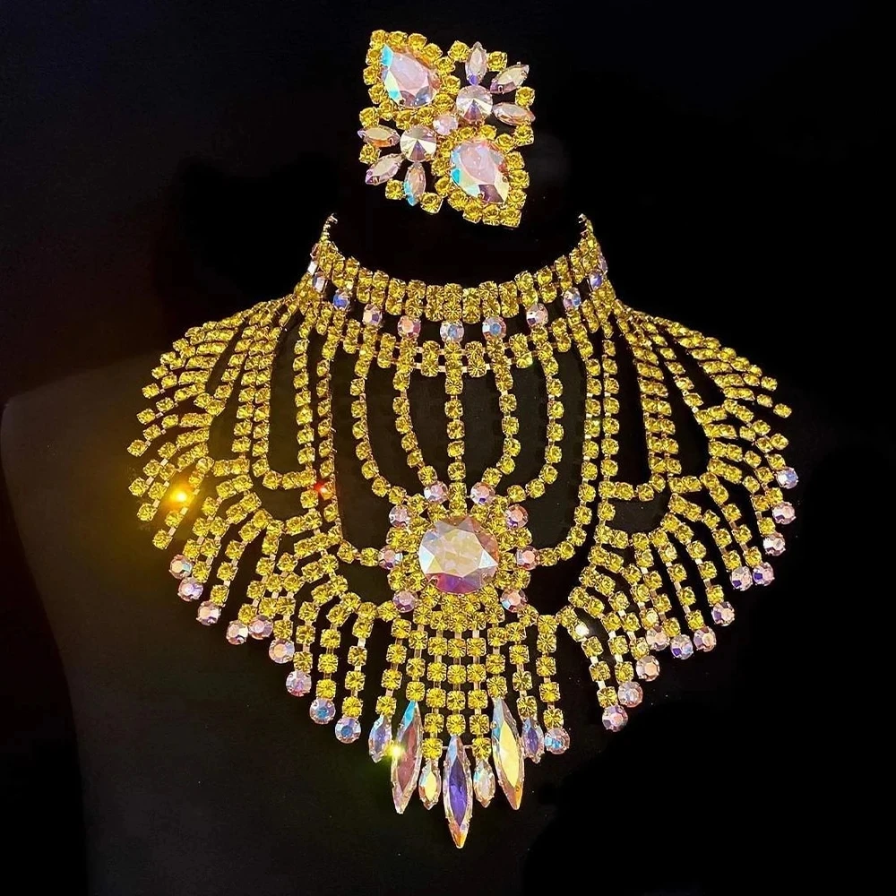 Stonefans Exaggerated Yellow Rhinestone Necklace Ring Set for Women Summer Accessories Bridal Jewelry Sets Wedding High Quality