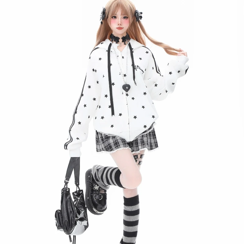 American Retro Star Full Print Striped Raglan Hooded Sweatshirt Women 2025 Spring Autumn Loose Slimming Versatile Coat Ladies