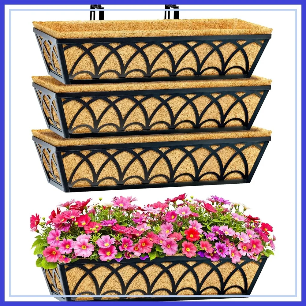 

24 Inch Railing Planter Boxes 4 Pack with Brackets & Coco Liners for Balcony Garden Decor