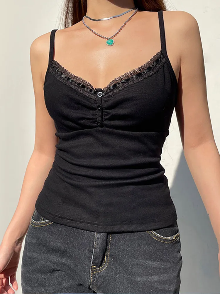 Sexy Folds Buttons Sleeveless Crop Top Black Vintage Y2K Corset Tops  Casual Basic T-shirt image 5