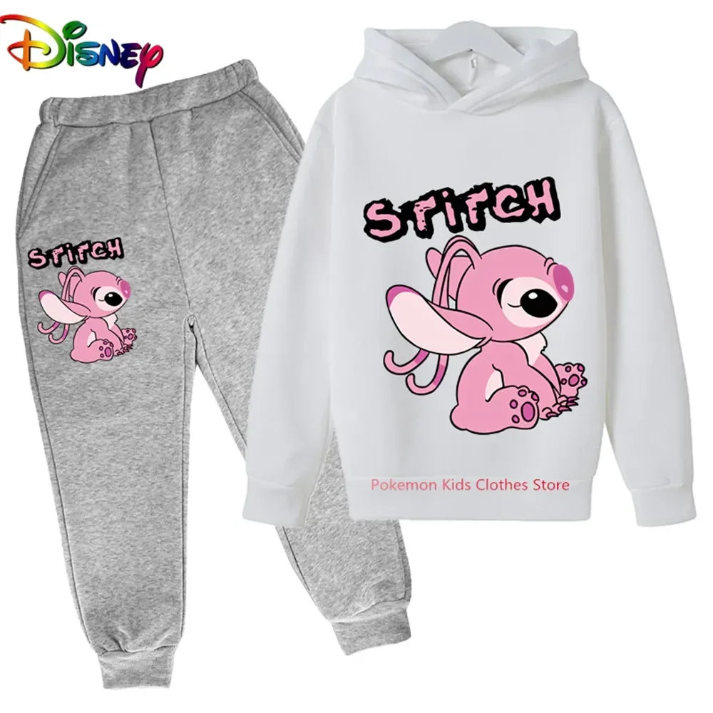 

New Disney Stitch Children Hooded Sweatshirt+Pants Two-piece Set Boy Girl Autumn Winter Daily Outdoor Loose Warm Soft Sportswear