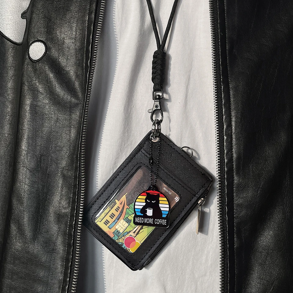 ID Card Holder Zipper Pocket 2 Sided 5 Cards Slots Keychain
