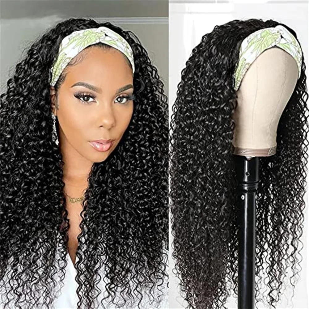 Kinky Curly Headband Wig Human Hair Machine Made for Black Women Peruvian Human Hair Headband Wig 180% Density Natural Color