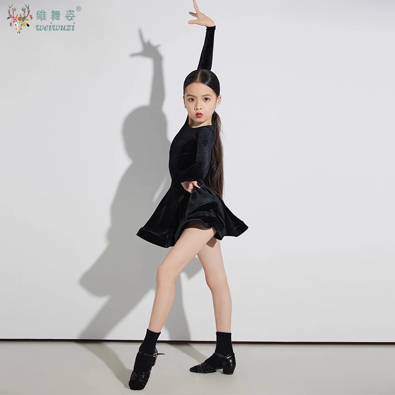 فستان ممارسة الرقص اللاتيني للفتيات بأكمام طويلة، تنورة كبيرة متأرجحة للأطفال، زي أداء المنافسة، تنورة رقص رومبا تانجو