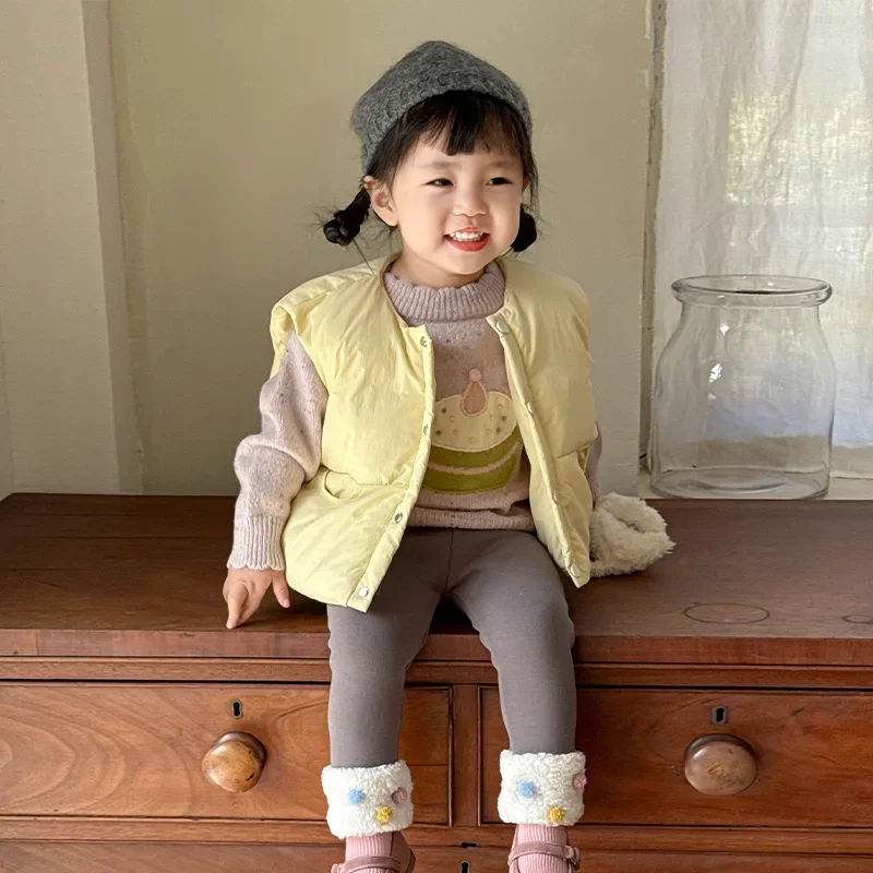 Suéter para niñas, ropa de invierno para niños, suéter de encaje de pastel grueso bonito de estilo coreano para niñas, informal, sencillo y dulce, 2024