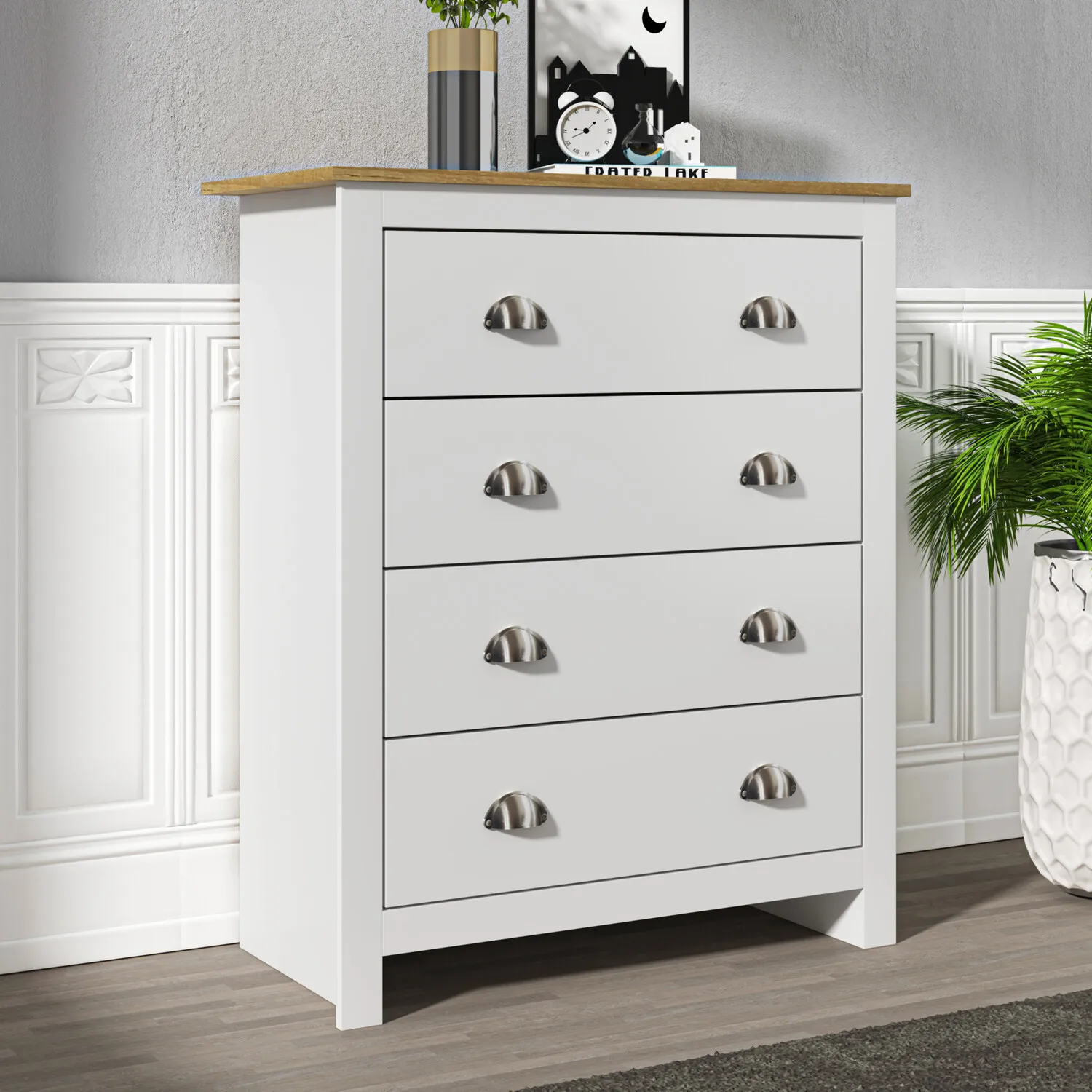 xx-Modern Luxury  Wood Bedroom Furniture Set Tallboy Wide Chest of Drawers 4 Drawers Gray Antique Style Foldable-for Home Use*