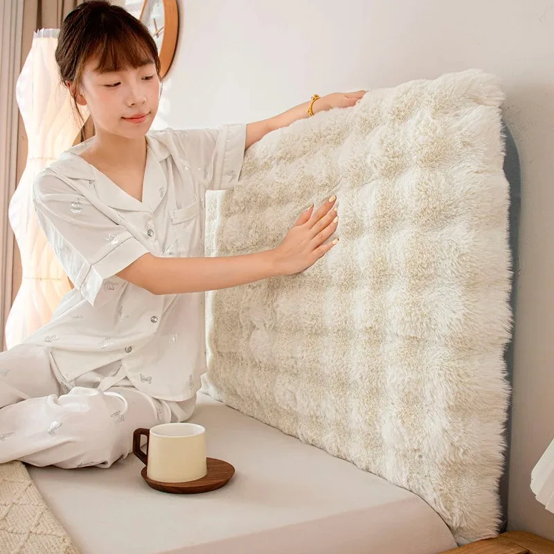 Thicken Plush Bed Headboard Cover Solid Color Soft Faux Fur Elastic Bed Head Cover Anti-Dust Bed Back Protector Cover