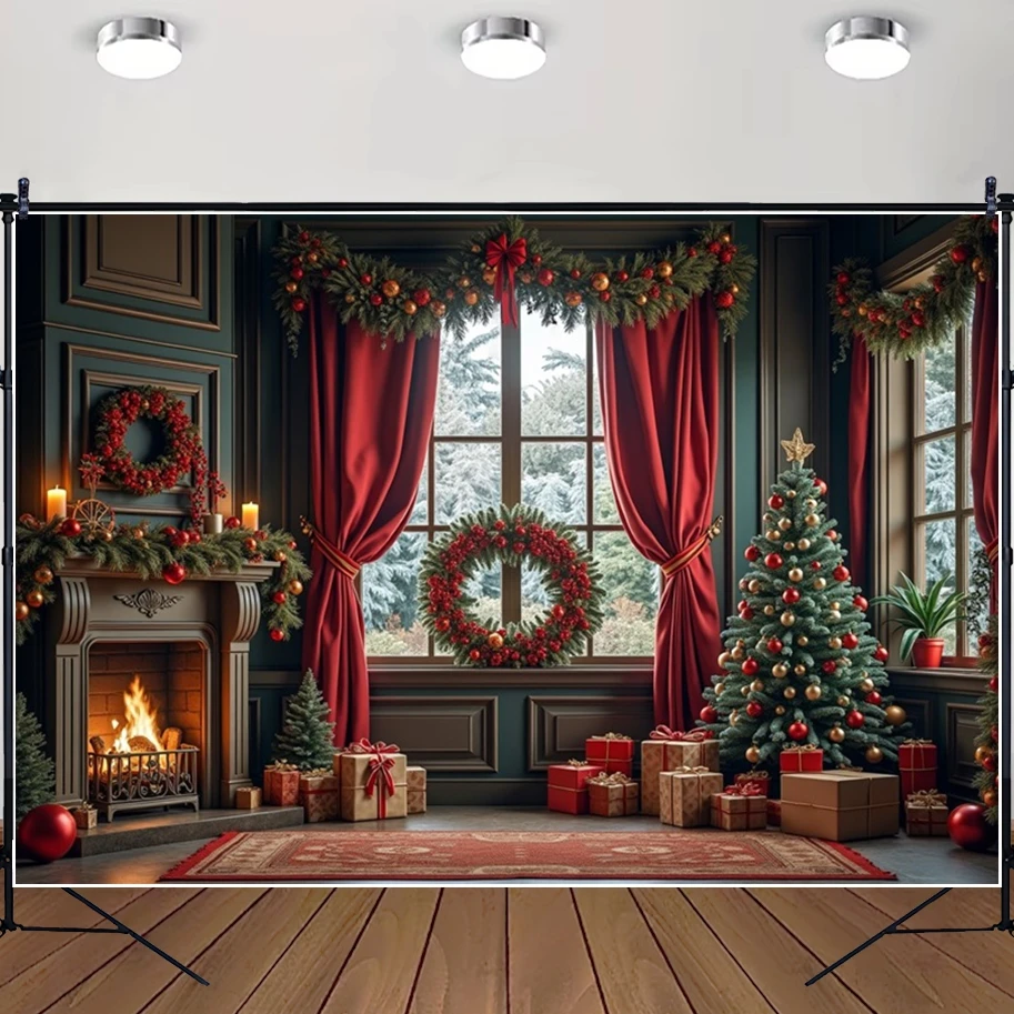 

MOON.QG Tree Christmas Background Fireplace Balls Backdrops For Photography Photo Studio Kids Baby Shower Party Decorations
