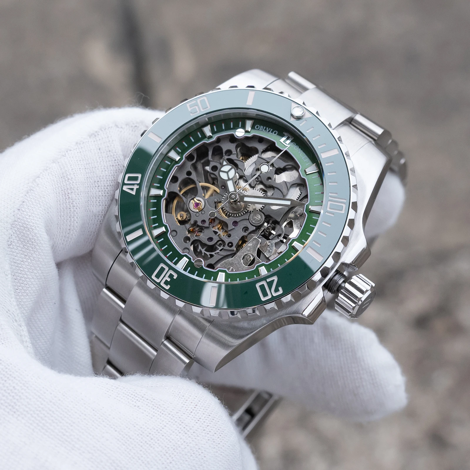 OBLVLO Herren Luxus-Taucheruhr mit grünem Skelett-Zifferblatt, Edelstahl, leuchtend, wasserdicht, automatische mechanische Uhr, RX-DK Top-Marke