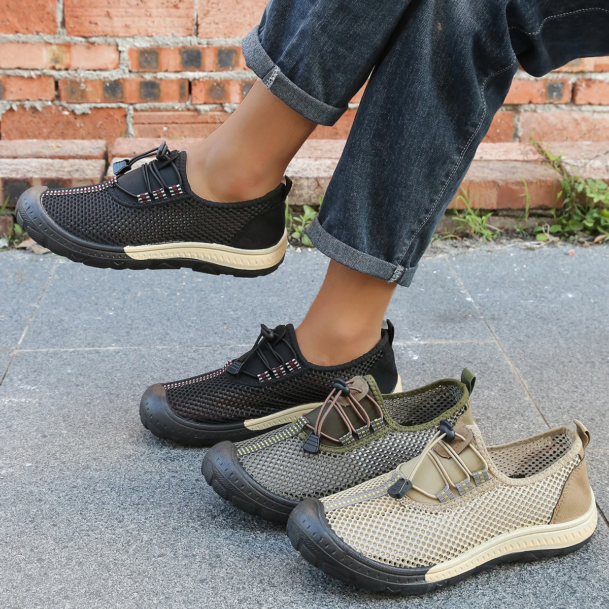 Sommer Herren Atmungsaktive Mesh-Outdoor-Sandalen Schnell trocknende Anti-Rutsch-Wasserschuhe Slip-On-Schuhe zum Wandern, Strand, Angeln, Spazierengehen.