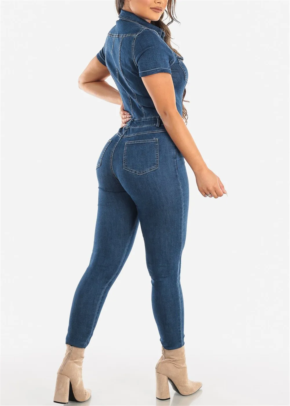 Jeans Stretch tuta donna Sexy colletto rovesciato Skinny Blue Denim tuta Casual pagliaccetti