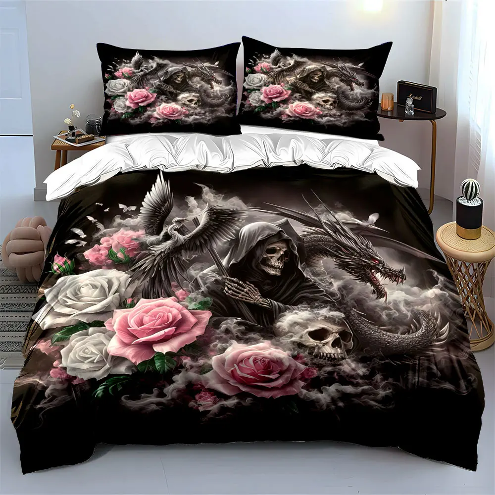 

"Dragon Skull Rose Artwork Set" Bedding Set with 1 Duvet Cover 2 Pillowcases Single Double King Queen, Gift