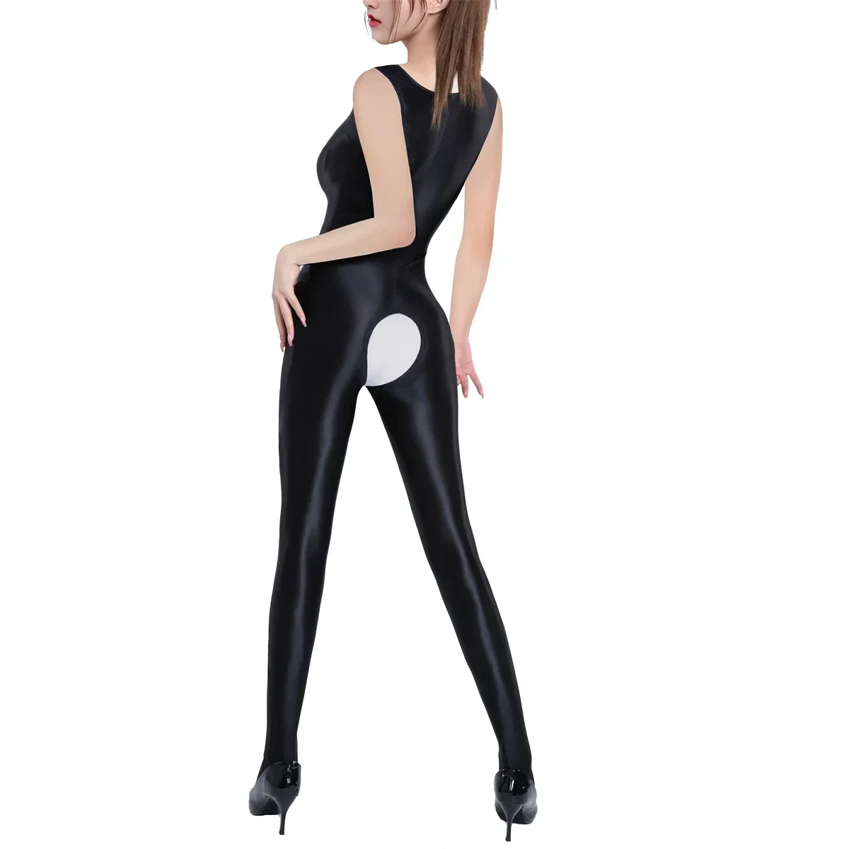 

Women Sleeveless Oil Shiny Smooth Bodysuit Sexy Sheer Full Body Leotard Crotchless Jumpsuit Fitness Homewear Transparent Catsuit