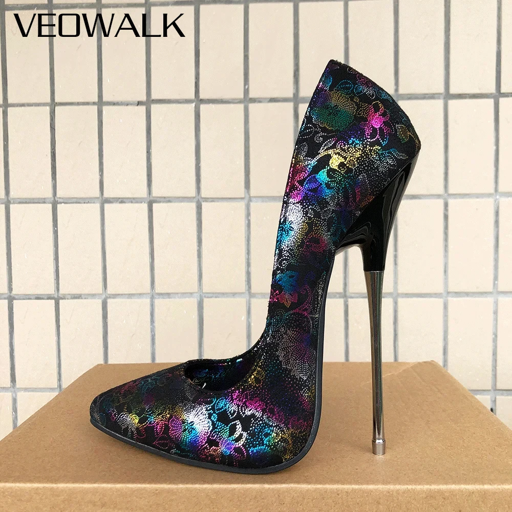 16cm Extrem Hohe Absätze Holografischer Blumendruck Spitze Zehe Metall-Stilettos für Damen und Herren Model Laufsteg Party Fotoshooting