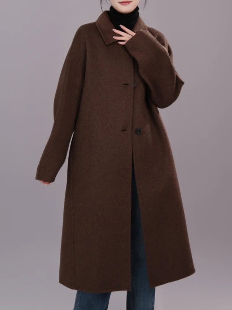 ZMEENNA élégant femmes longue laine mélange pardessus avec col classique simple boutonnage conception et poches chaud ZM3561