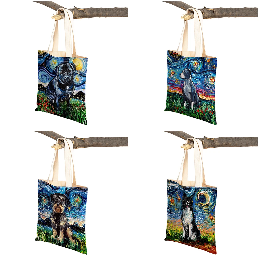 Bolsas de compras para perros y mascotas con cielo estrellado de dibujos animados, regalo para niños, bolso de compras de lona reutilizable con doble estampado para chica, bolso de mano para mujer