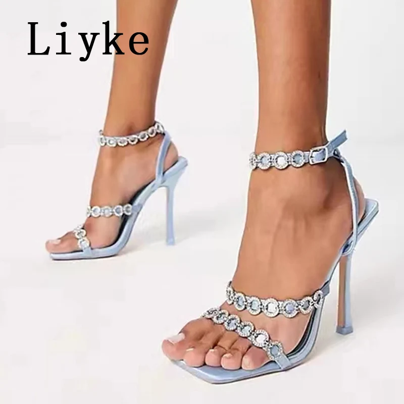 Liyke Elegant Women Wedding Party Sandals Fashion Design Crystal Chain Square Toe Gladiator High Heels Summer Shoes Ladies Green