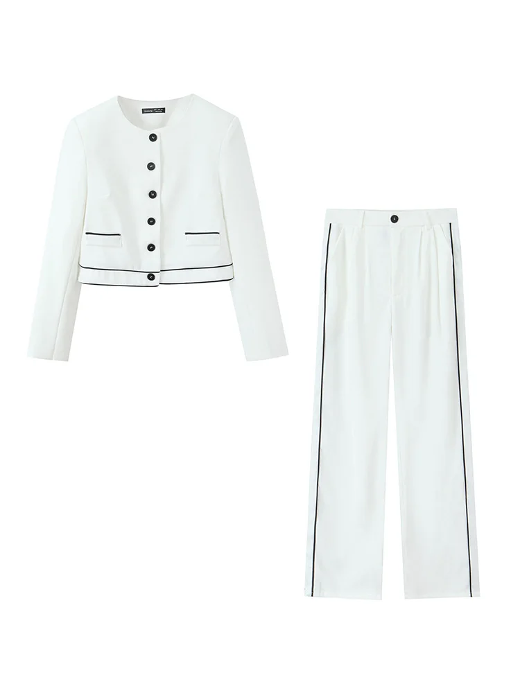 

HH Женская элегантная однобортная куртка с круглым вырезом и длинными рукавами + весенние карманы на молнии, брюки в уличном стиле, однотонный комплект из двух предметов