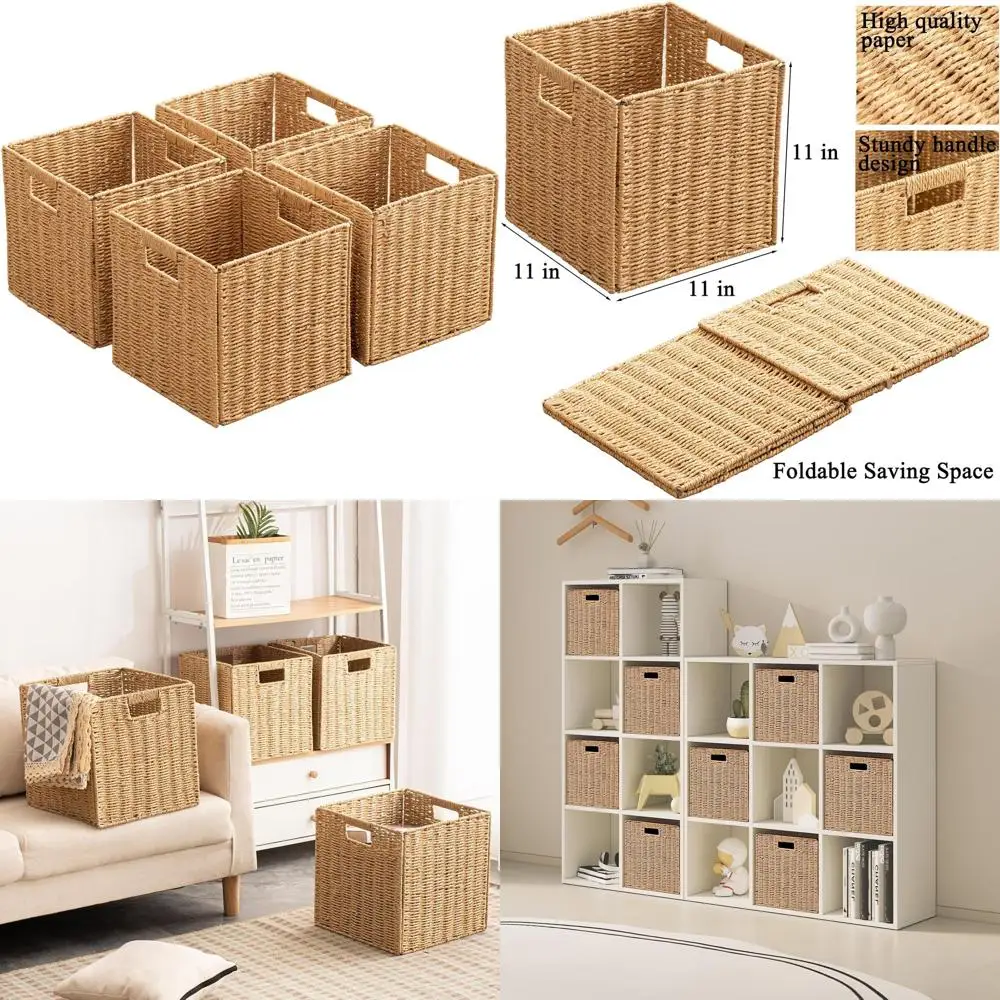 

Collapsible Rectangle Paper Rope Baskets with Handles for Organizing Living Room, Bedroom, Pantry (Set of 4, 11 x 11 x 11)