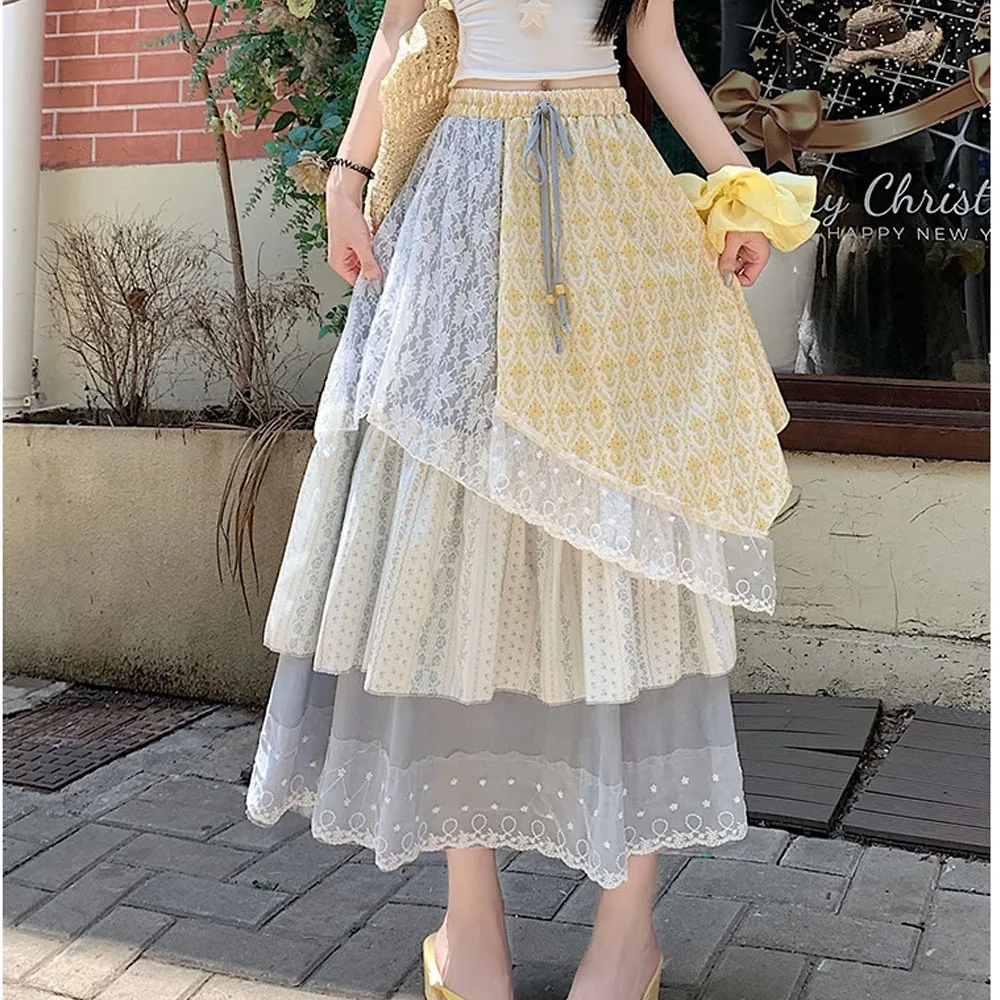 

Милые лоскутные женские юбки с нерегулярным цветочным принтом, весенне-осенние корейские модные длинные юбки-миди в стиле Mori Girl с оборками в стиле ретро