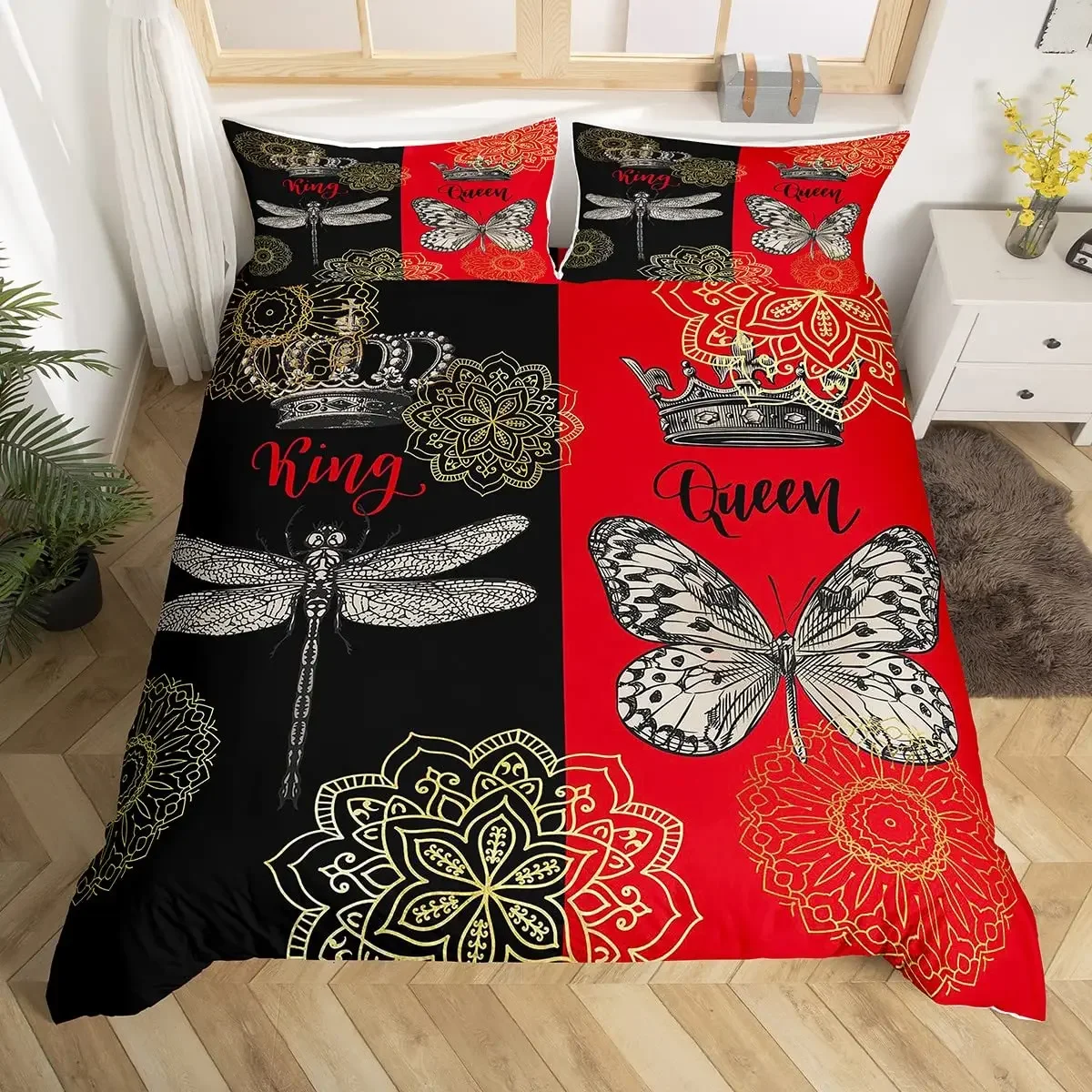 Butterfly Duvet Cover Set Golden Bohemian Floral Bedding Sets Retro Crown Comforter Set Wedding Anniversary Valentine's Day Gift