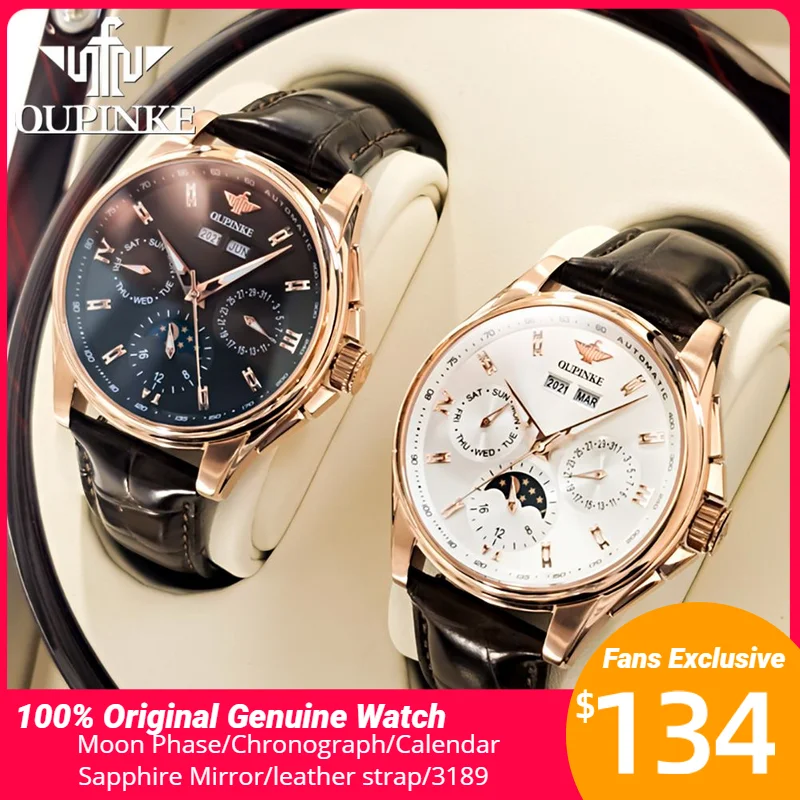 

OUPINKE 3189 Luxury Men's Watch Chronograph Automatic Mechanical Watches Leather Band Waterproof Moon Phase Wristwatch Casual