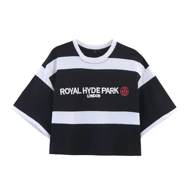 2025년 여름 신상 여성 티셔츠 자수 스트라이프 드레이프 숄더 반팔 캐주얼 스타일 라운드넥 숏 기장