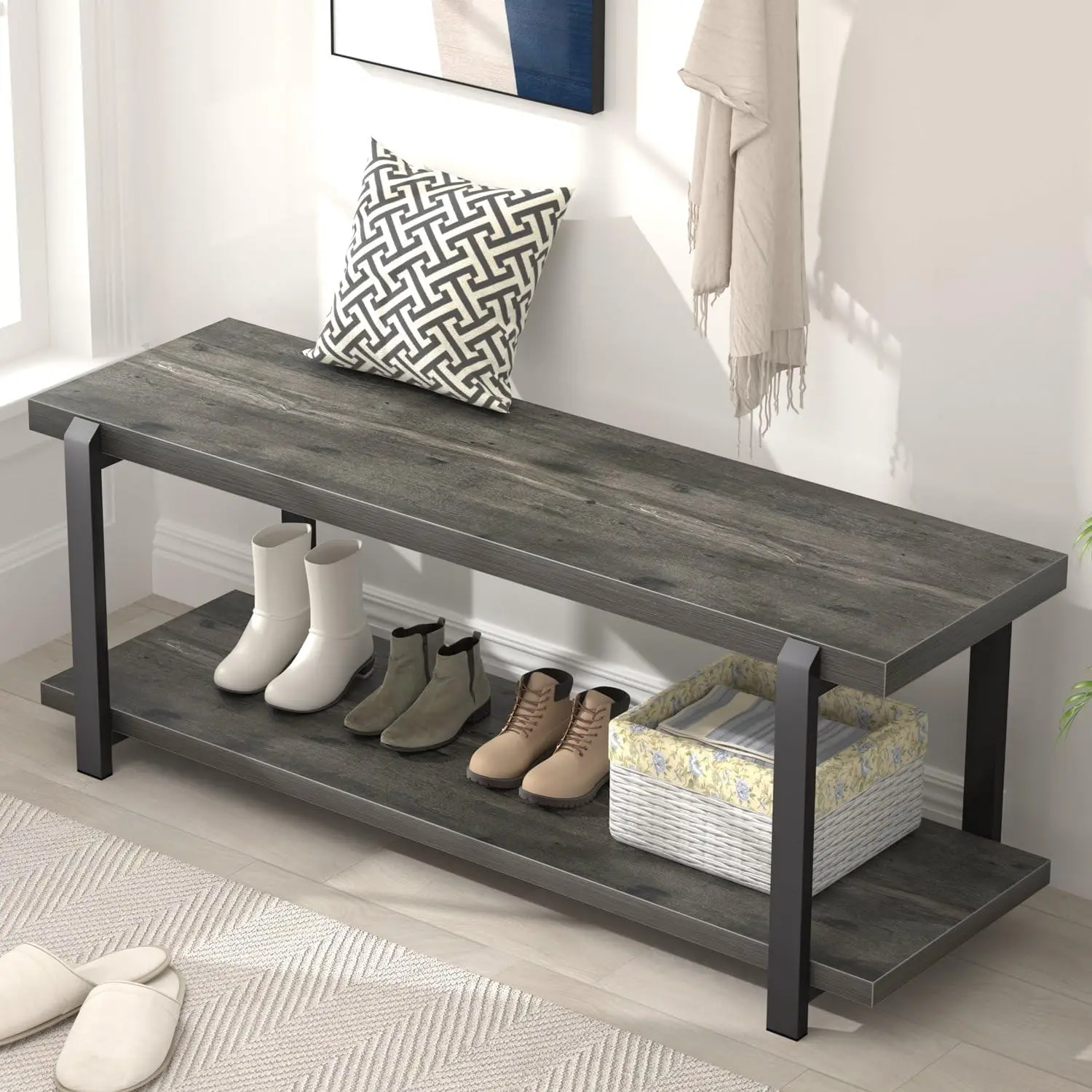 Shoe Bench, Industrial Entryway Bench With Storage, Rustic Wood And Metal Shoe Rack Bench Seat, 47 Inch Grey