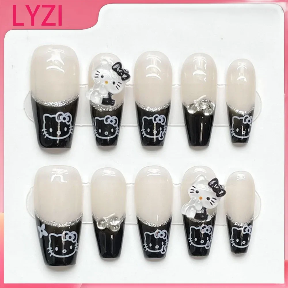 

Fashion Cute Black Decal Hello Kitty Cartoon Detachable Handwork Fingernail Girl Accessory Fake Nails Decoration Festivals Gift